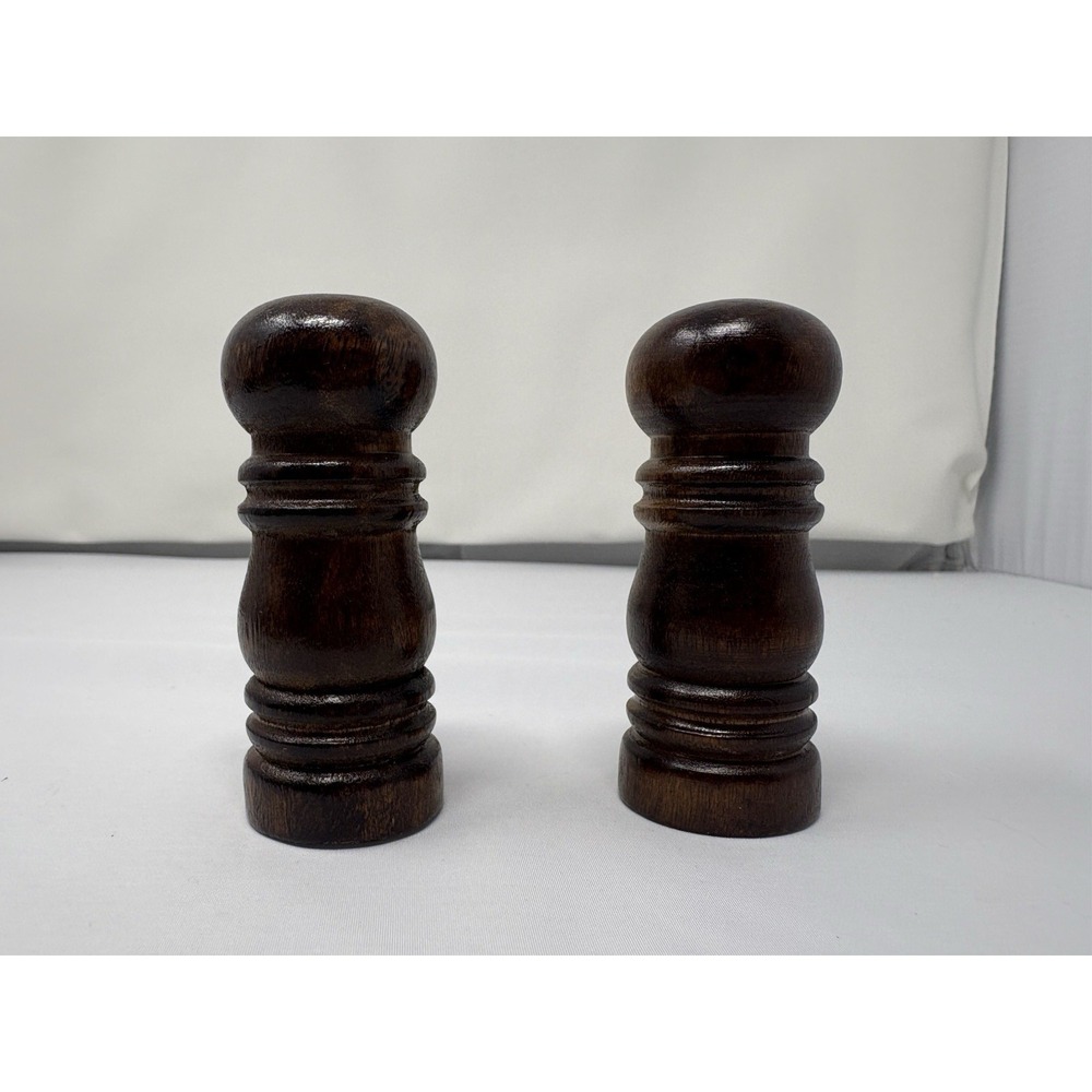 Vintage Turned Dark Wood Grain Wooden Salt & Pepper Shakers Set Small 3" MCM